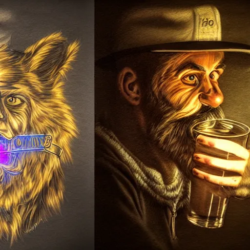 Image similar to photo portrait of drunk hobo artist drawing furries for booze, symmetry, awesome exposition, very detailed, highly accurate, intricate, professional lighting diffracted lightrays, 8 k, sense of awe