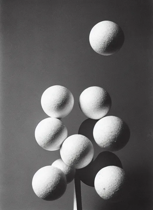 Image similar to realistic object photo of ping pong balls sculpture, readymade, dadaism, fluxus, 1 9 9 0, life magazine photo