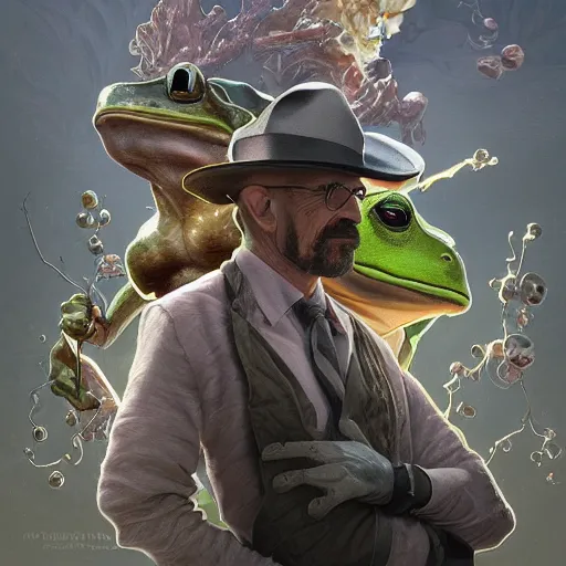 Image similar to a frog and walter white, intricate, highly detailed, digital painting, artstation, concept art, smooth, sharp focus, illustration, unreal engine 5, 8 k, art by artgerm and greg rutkowski and alphonse mucha