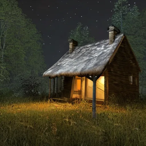 Prompt: an abandoned cottage in the middle of the forest at night, 8k, photorealistic, very detailed, cinematic, point perspective, UHD