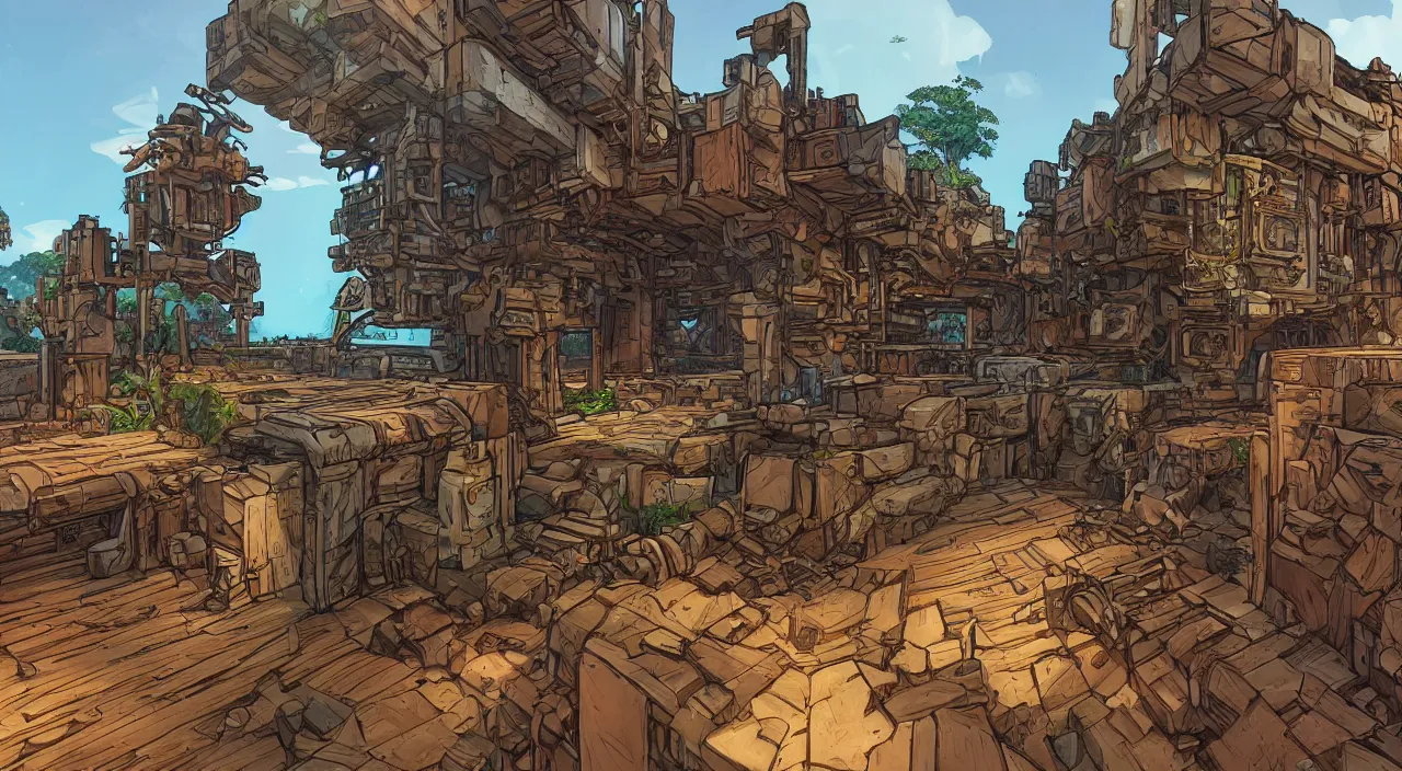 Image similar to wood wall fortress greeble block amazon jungle global illumination ray tracing ambiant torch fornite that looks like it is from borderlands and by feng zhu and loish and laurie greasley, victo ngai, andreas rocha, john harris