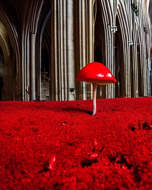 Image similar to inside the cathedral, a red mushroom grows on the thorns on the ground inside the church