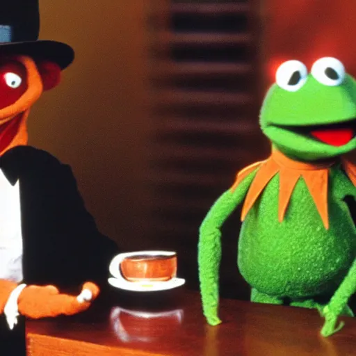 Prompt: Kermit the Frog and Fozzie Bear, Pulp Fiction still frame, cinematic