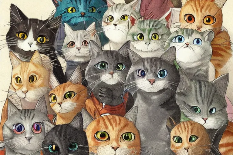 Image similar to beautiful art illustration of a group of cats by studio ghibli, anime, highly detailed