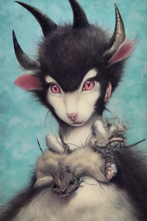 Image similar to a portrait of a cute japanese devil animal illustrated by miyazaki by karol bak, james jean, tom bagshaw, rococo, sharp focus, trending on artstation, cinematic lighting, hyper realism, octane render, 8 k, hyper detailed, vivid, ultra detailed, highly detailed