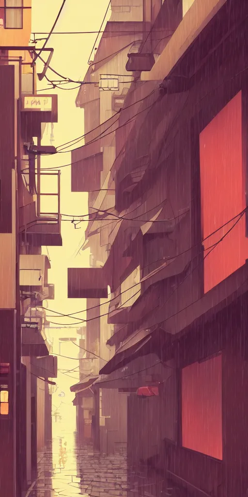 Prompt: tokyo alleyway, rainy day, arcade, by cory loftis, makoto shinkai, hasui kawase, james gilleard, beautiful, serene, peaceful, lonely, golden curve composition