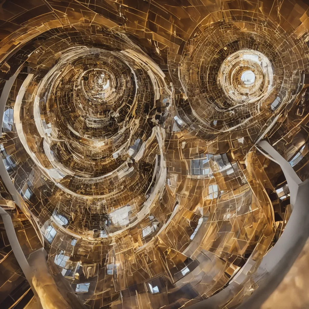 Image similar to “ humans standing inside of a sphere that has a spiral golden stair case and horizontal windows with a view to planet earth, highly detailed in 4 k ”