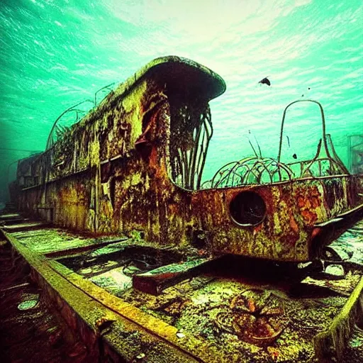 Image similar to abandoned rusty underwater theme park, surreal, horror, eerie, creepy, murky water, underwater, underwater photography,