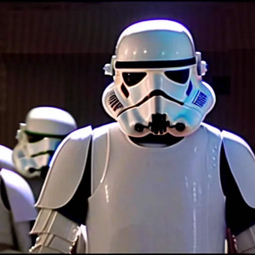 Image similar to mr. bean as a stormtrooper from star wars. movie still. cinematic lighting.