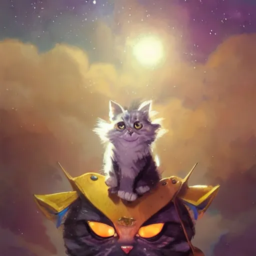 Image similar to cartoonish kitten wearing a wizard cat and a fake beard floating in space, bright stars, anime, a fantasy digital painting by Greg Rutkowski and James Gurney, trending on Artstation, highly detailed