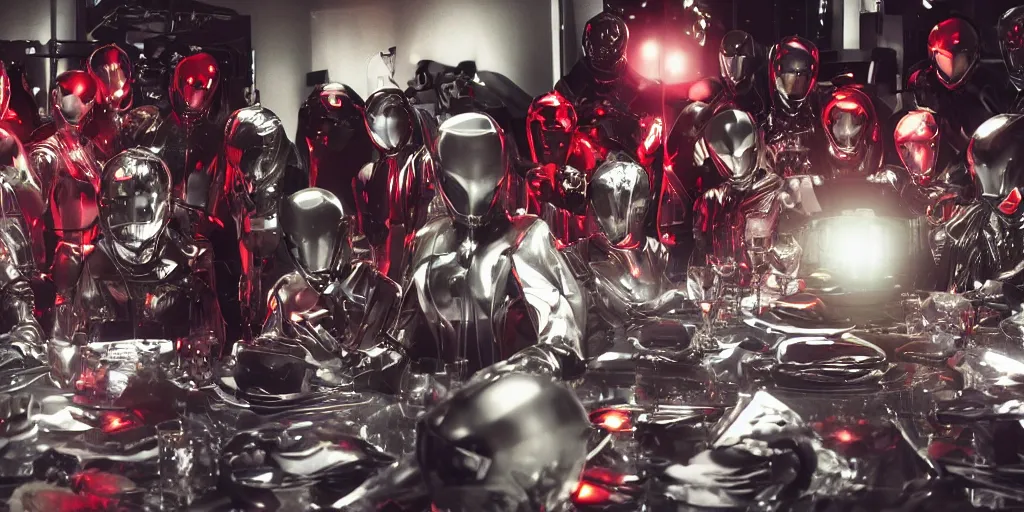 Image similar to !13 diverse cybersuits on !one_side of a reflective !metal table, !!posing_as_last_supper cinematic lighting, detailed glowing red implants, satin, crystal, liquid, floating, !!highly detailed