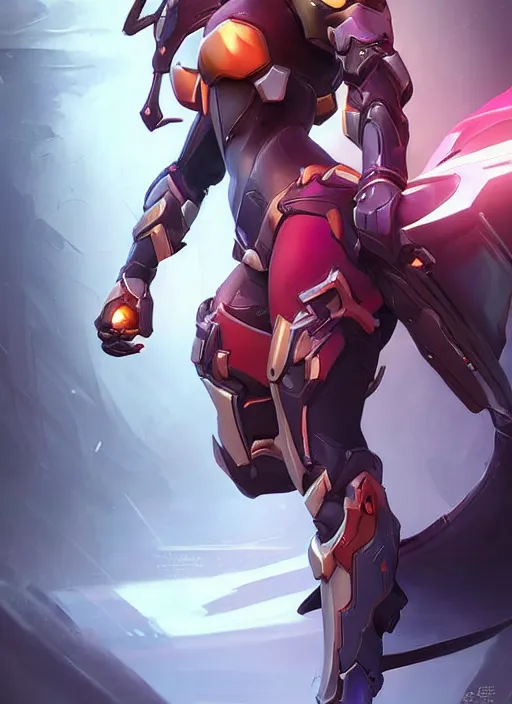 Image similar to poster!! beautiful new female character for overwatch, character concept art, action pose, illustration, full body armor, steel plating, huge weapon, super powers, athletic, long red hair, symmetry, intricate design, shiny, highly detailed, hd, dramatic lighting, art by artgerm and greg rutkowski