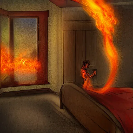 Prompt: A man lighting his bedroom on fire, digital art