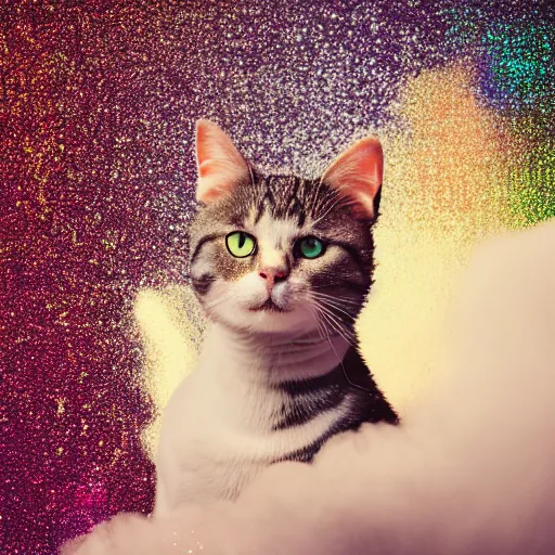 Prompt: a high - quality photo of a cat in a cloud of falling glitter, duochrome,, f 1. 4, iso 2 0 0, sharpened