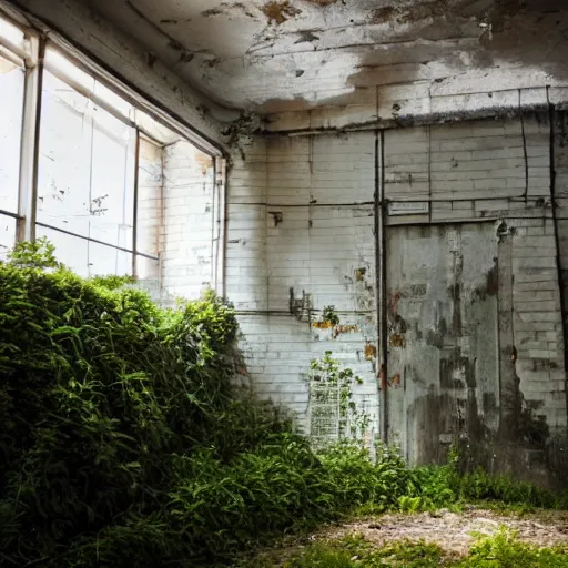 Image similar to overgrown building with white walls, orange light comes from inside, night