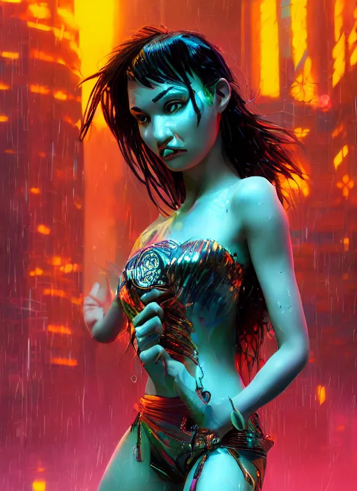 Image similar to An epic fantasy comic book style portrait painting of a very beautiful cyberpunk Hula Dancer in the rain, neon reflections, character design by Mark Ryden and Pixar and Hayao Miyazaki, unreal 5, DAZ, hyperrealistic, octane render, cosplay, RPG portrait, dynamic lighting, intricate detail, cinematic