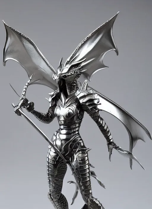 Image similar to 80mm, resin detailed model figure of a female wearing a silver dragon armor