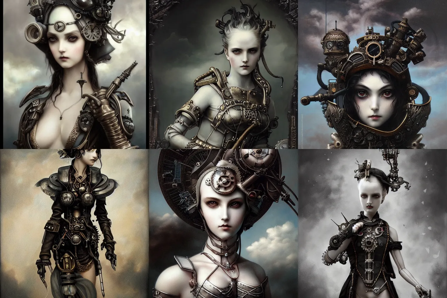 Prompt: By Tom Bagshaw, ultra realist soft painting of an steampunk anime porcelain miniature fully armored figurine, curiosities carnival, symmetry accurate features, very intricate details, ominous sky, black and white, volumetric light clouds