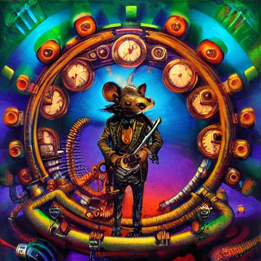 Image similar to steampunk rat, acid, 303, psychedelic, by paul lehr, cd cover