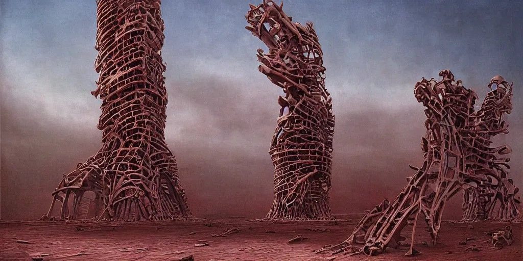 Image similar to supernova, mars red desert, neo brutalism babylon tower made from whale skeleton, painted by steve mccurry, terror, dark gloomy atmosphere, foggy, ruan jia, raymond swanland, lawrence alma tadema, zdzislaw beksinski, norman rockwell, jack kirby, tom lovell, alex malveda, greg staples