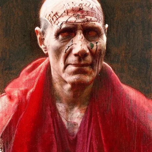 Image similar to the end is near. a tired julius caesar is sitting on a throne. portrait. face is highly detailed. intricate. splices of red are running down his toga. close shot. dark background. soft light. imagined by jeremy lipking and alphonse mucha