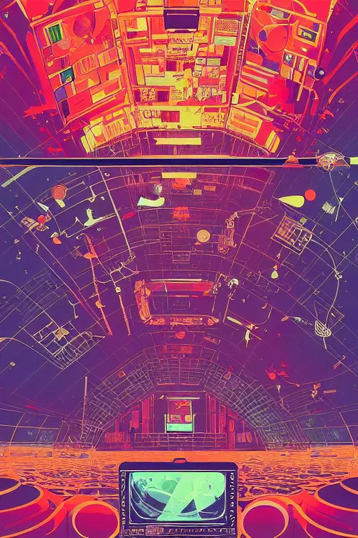 Prompt: the interior of an international space station filled with electronic equipment, ancient futuristic japanese temple, poster art by victo ngai, ori toor, kilian eng behance contest winner, crystal cubism, poster art, cubism, tarot card, psychedelic art, concert poster, poster art, maximalist