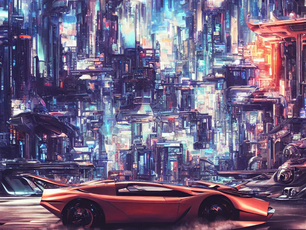 Prompt: hyperrealistic painting of a slice of life from a futuristic city, mechanical designs, futuristic cars, night, technological, cinematic, detailed engineering, sci - fi car, sharp focus, cyberpunk style, highly detailed, realism, acrylic on canvas, 8 k resolution, concept art, by noriyoshi ohrai, john berkey, moebius