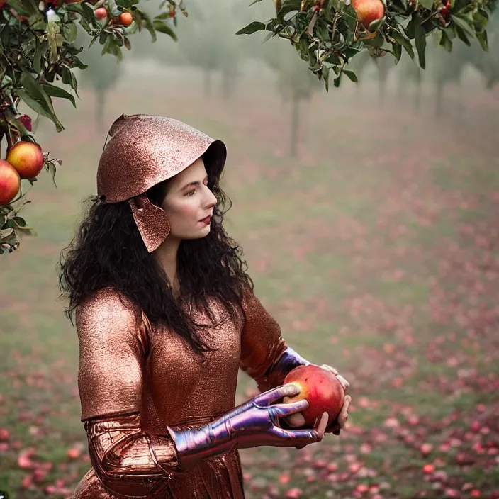 Image similar to a closeup portrait of a woman wearing iridescent copper armor, picking pomegranates from a tree in an orchard, foggy, moody, photograph, by vincent desiderio, canon eos c 3 0 0, ƒ 1. 8, 3 5 mm, 8 k, medium - format print