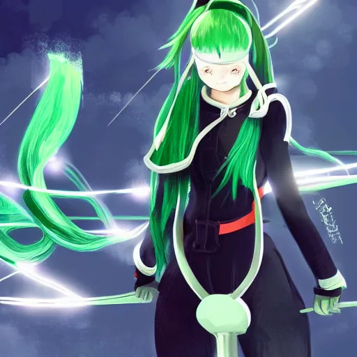 Prompt: anime fencer, green hair, cinematic lighting, animation, illustration