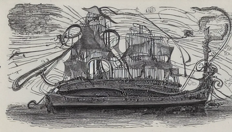 Prompt: encyclopedia drawing of a steampunk squid and ship, manuscript, detailed