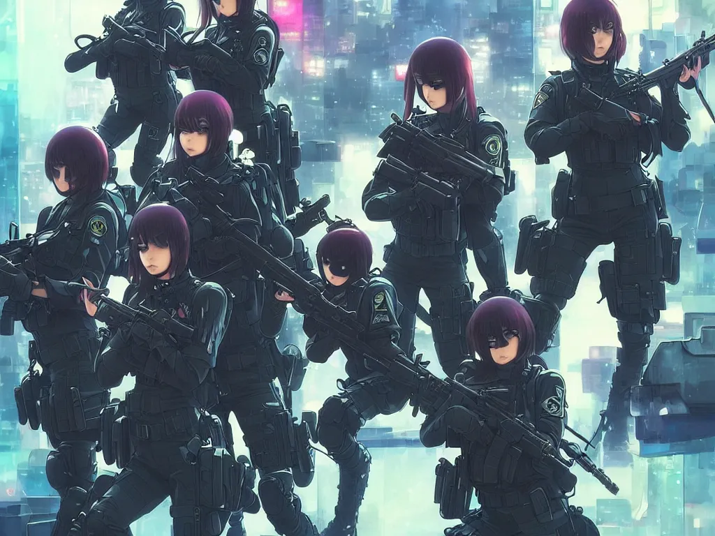 Image similar to anime key visual of a team of multiple female swat officer ready to attack, neon, cyberpunk, futuristic, stunning, highly detailed, digital painting, smooth, soft focus, illustration, movie poster, japanese typography, digital art from artstation by artgerm and greg rutkowski and alphonse mucha