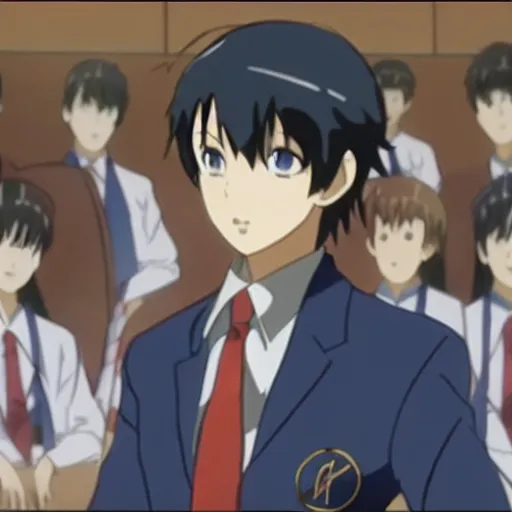 Prompt: Aymeric de Borel as class president in high school. Key Frame, still from tv anime, Kyoto animation studio, Flash photography