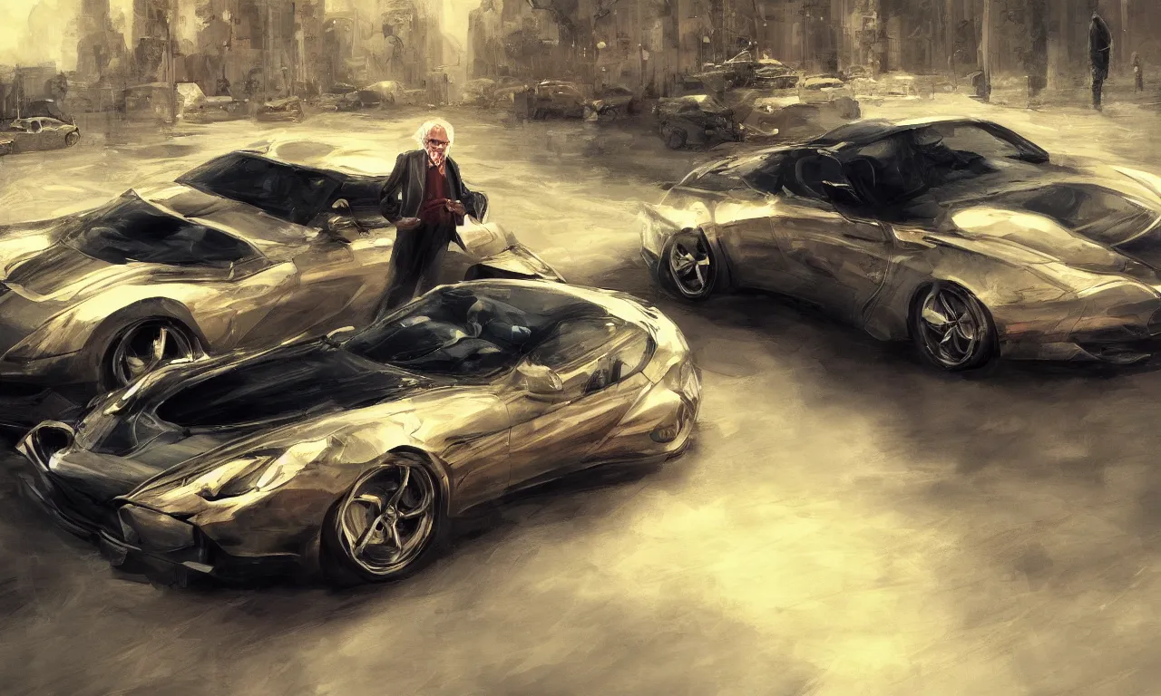 Image similar to a journalist photo of Bernie Sanders driving his opulent new sports car, flaunting his wealth, digital painting, cinematic, elegant, highly detail, artstation smooth, art