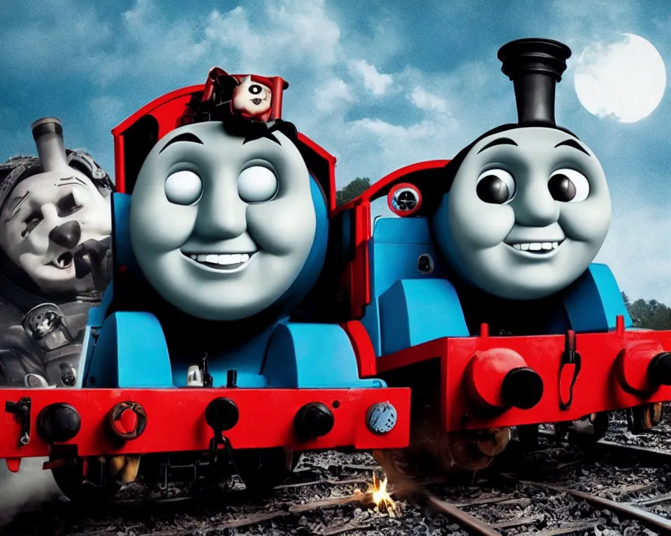 Image similar to a horror movie poster featuring Thomas The Tank Engine