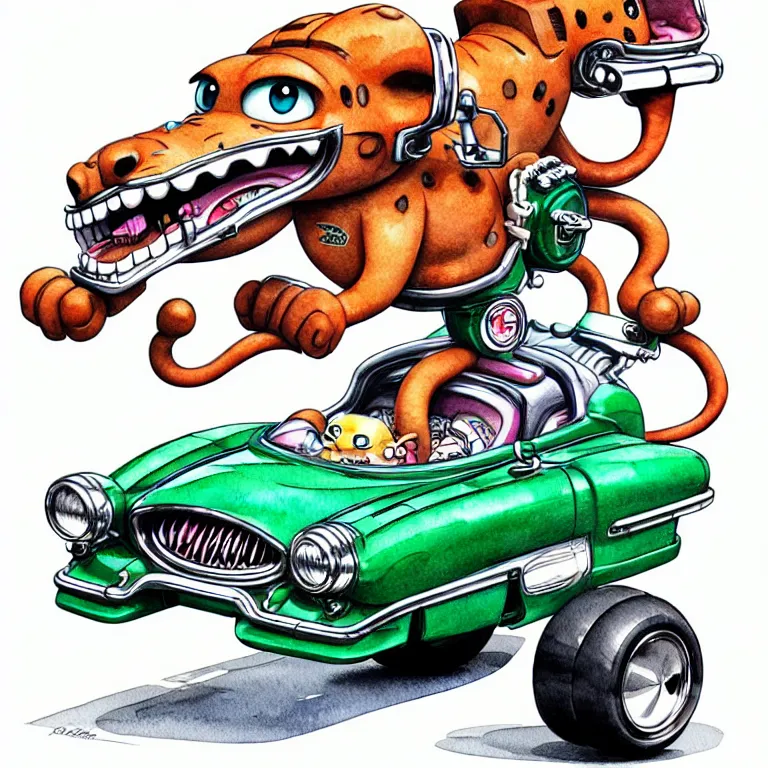 Prompt: cute and funny, jaguar wearing a helmet riding in a hot rod with oversized engine, ratfink style by ed roth, centered award winning watercolor pen illustration, isometric illustration by chihiro iwasaki, edited by range murata, tiny details by artgerm and watercolor girl, symmetrically isometrically centered, sharply focused