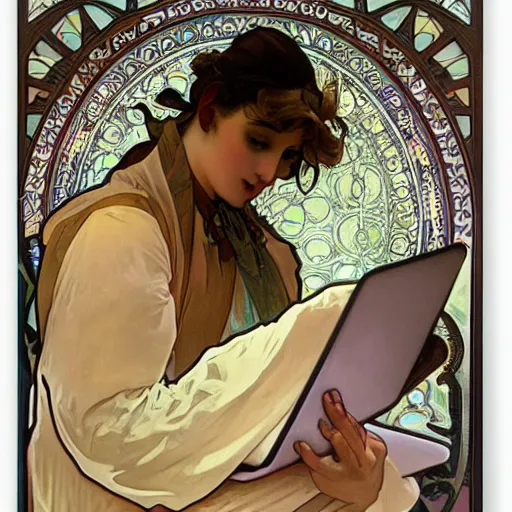 Image similar to a confused designer looking at their laptop by Alphonse Mucha