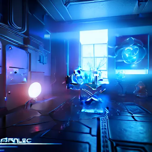 Image similar to cybernetic wonderland, artstation, raytracing, unreal engine, blue