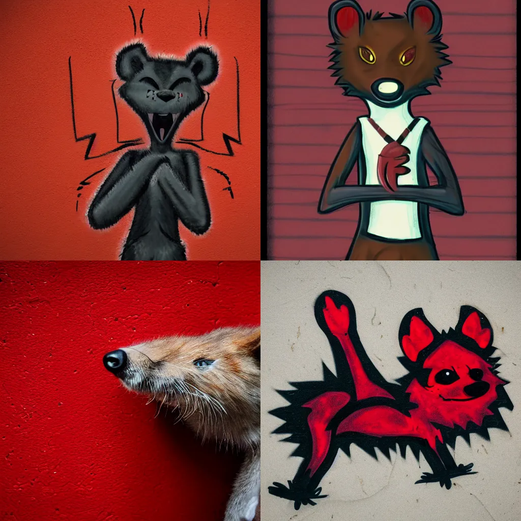Prompt: darkly colored graffiti tag of a furry weasel fursona, anthropomorphic, red & black fur