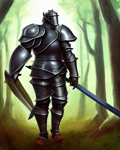 Image similar to concept art of a thicc knight, wearing heavy medival knight armor, holding a long sword, walking through a foggy oak forest | | epic - fine - clean, polished, trending on artstation, brush strokes