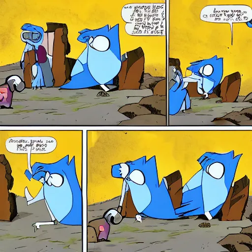 Prompt: mordecai and rigby accidentally start the rapture