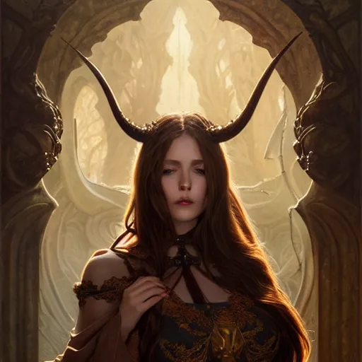 Prompt: brown haired demoness medium portrait, gentle, female, city landscape, norway, d & d, fantasy, intricate, elegant, highly detailed, digital painting, brown and gold color palette, artstation, octane render, concept art, matte, sharp focus, illustration, herrarthstone, art by artgerm and greg rutkowski and alphonse mucha