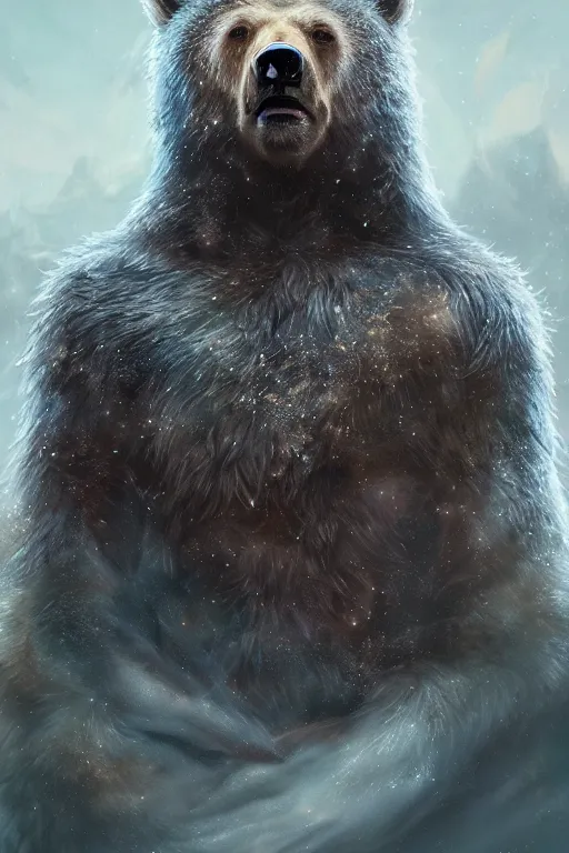 Image similar to a portrait of a crystalized bear by Greg Rutkowski, Sung Choi, Mitchell Mohrhauser, Maciej Kuciara, Johnson Ting, Maxim Verehin, Peter Konig, final fantasy , mythical, 8k photorealistic, cinematic lighting, HD, high details, atmospheric,