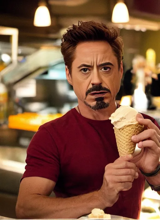 Image similar to a full portrait photo of robert downey jr eating ice cream in movie iron man, f / 2 2, 3 5 mm, 2 7 0 0 k, lighting, perfect faces, award winning photography.