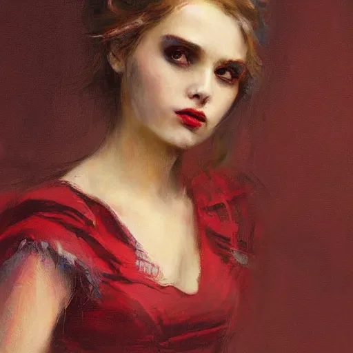 Image similar to Solomon Joseph Solomon and Richard Schmid and Jeremy Lipking victorian genre painting portrait painting of a young beautiful woman marverl DC comic book character fantasy costume, red background