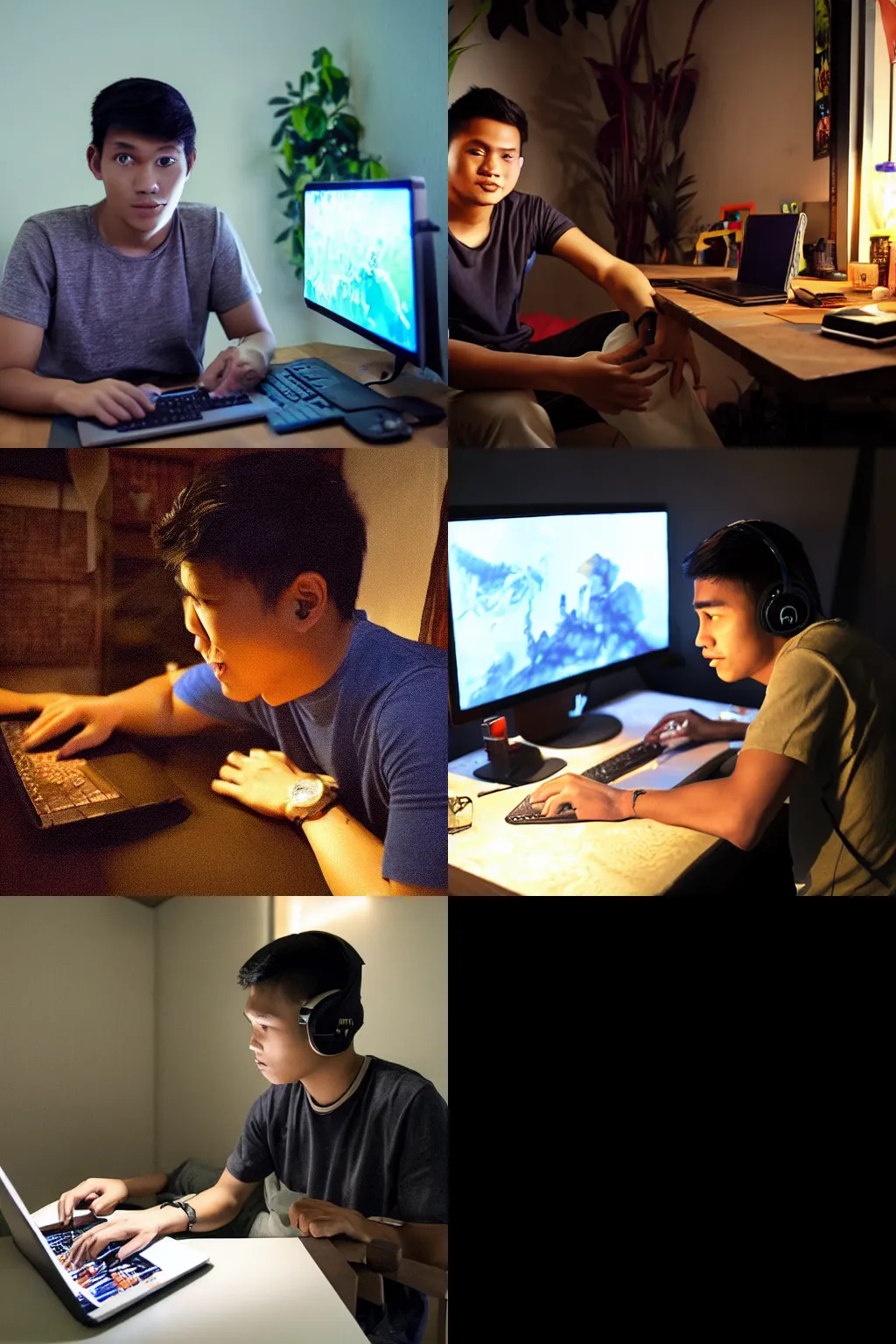 Prompt: a young Phillipine man in his mid-20s playing DOTA 2 in his bedroom, dimly lit, cozy atmosphere