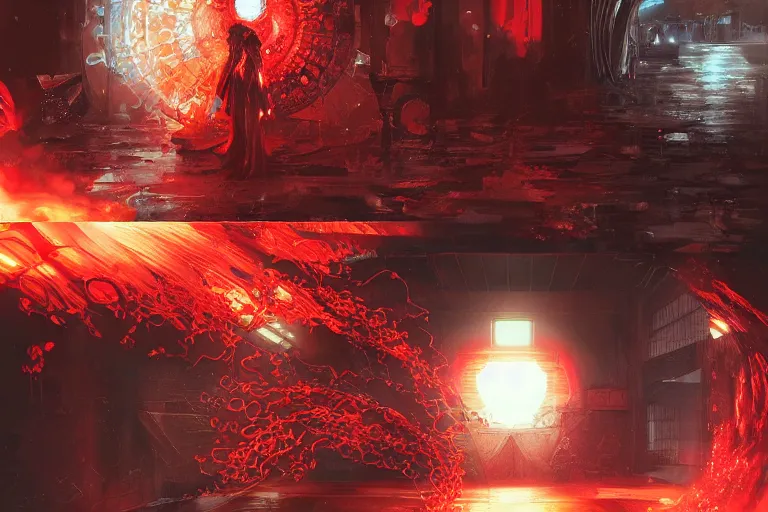 Prompt: arcs of flame, simulation of water splashes, shards of mercury, dramatic lighting, cyberpunk neon, secret cypher, red flowers, solar flares, intricate art by John Collier and Albert Aublet and Krenz Cushart and Artem Demura