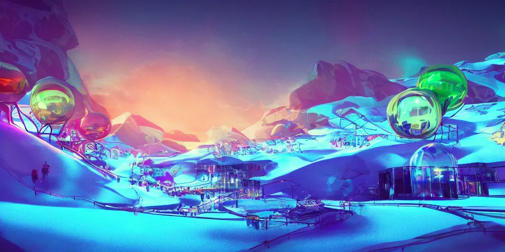 Prompt: psychedelic ski resort, concept art, architectural plans, synthwave, iridescent lighting, glowing orbs, 4 k render, ray tracing, detailed