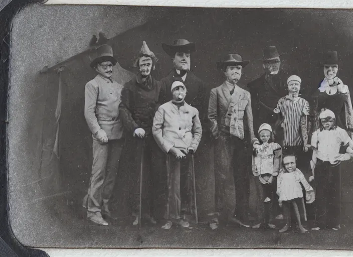 Image similar to a tintype photograph. photo of a group of people in front of the circus of watches, horror a family of monsters