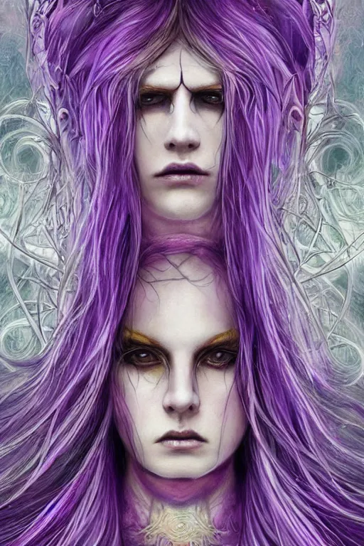 Prompt: Elden Ring themed painting of majestic chromatic purple-eyed girl with thin purple tentacles on her head beautiful ethereal angel symmetrical neutral black metal closeup face tattoo pattern golden ratio concept, Neo-Gothic concept, infinity glyph waves, intricate artwork masterpiece, very coherent artwork, cinematic, full frontal facial features by Artgerm, art by H.R. Giger, Joseph Michael Linsner, Zdizslaw Beksinski, Johnatan Wayshak, Moebius, Ayami Kojima, very anatomically coherent artwork, trending on cgsociety, ultra high quality model, production quality cinema model, high detail chromatic ink outline, octane render, unreal engine 8k, hyper realism, high detail, octane render, unreal engine, 8k, High contrast