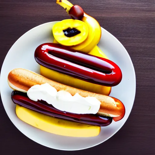 Image similar to commercial photo of a banana split with a hot dog instead of the banana, mustard, ketchup,